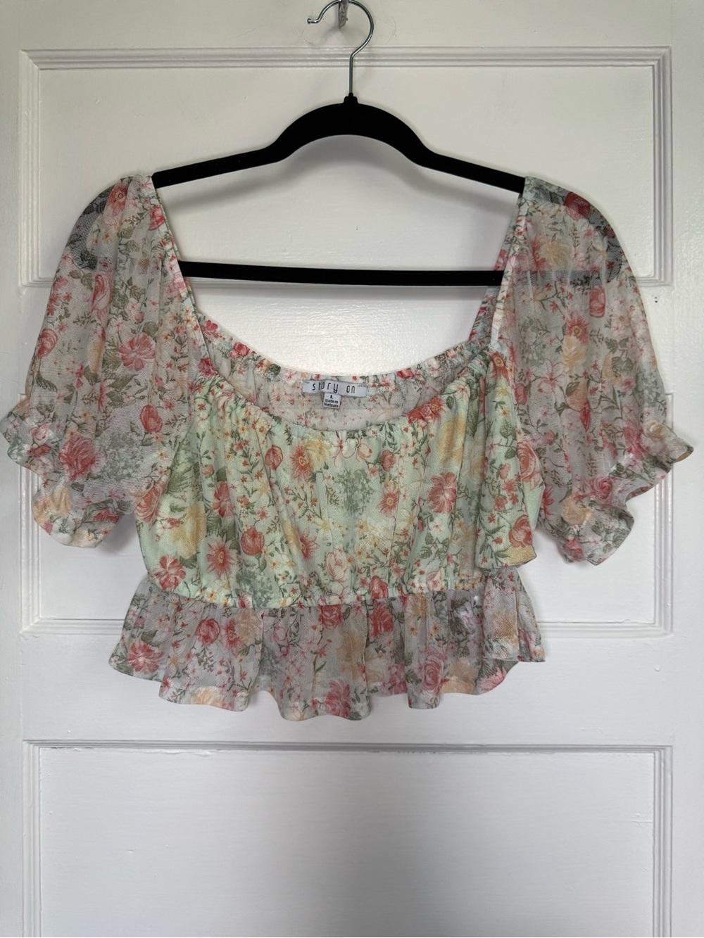 Story On Sheer Floral Cottagecore Crop Top Blouse Whimsical Nature Fairycore L